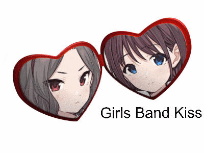 two anime girls in heart shaped frames with the words girls band kiss above them