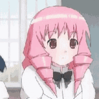 a cartoon girl with pink hair and a bow tie
