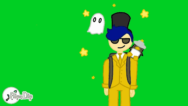 a cartoon of a man in a suit and top hat with a penguin on his shoulder