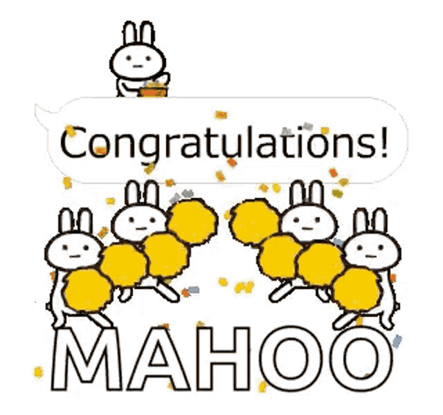 a group of rabbits are holding pom poms and a speech bubble that says congratulations !