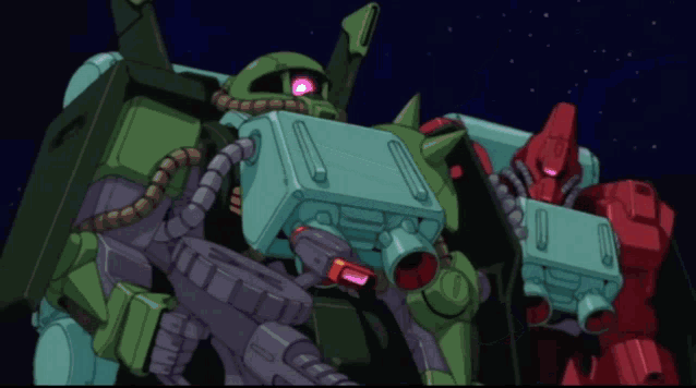 a red robot with a green arm and a purple eye