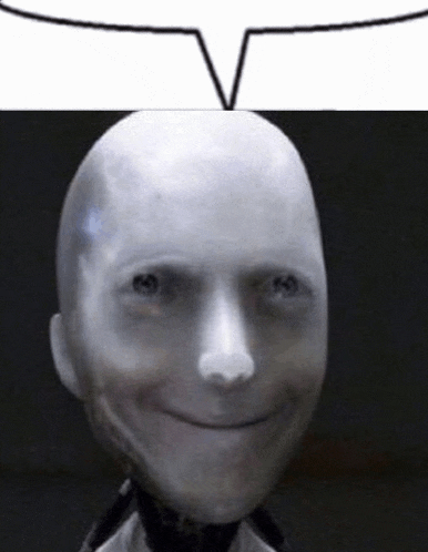 a bald robot is smiling with a speech bubble above it