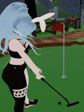 a cartoon girl is playing a game of golf on a green