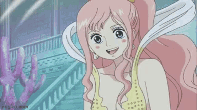 a cartoon girl with pink hair is smiling in front of a staircase .