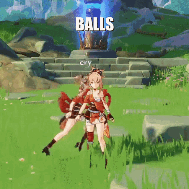 two anime girls are standing next to each other in a field with the words " balls cry " above them