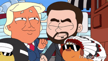 a cartoon of donald trump standing next to a bear and a native american wearing sunglasses
