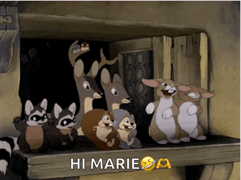 a group of cartoon animals are standing on a window sill with hi marie written on the bottom right