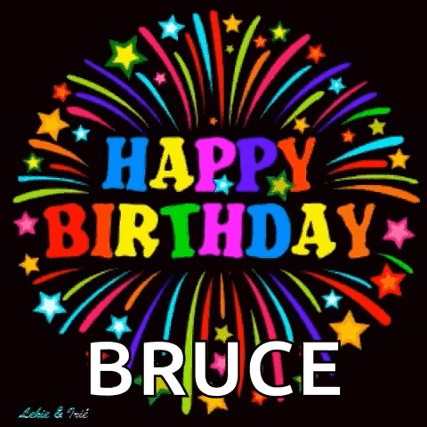a birthday card for bruce with colorful fireworks and stars