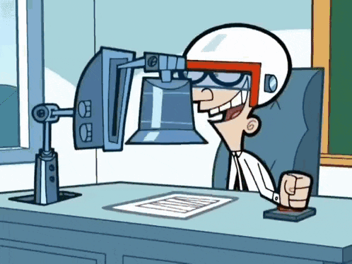 a cartoon character wearing a helmet and glasses is sitting at a desk with a paper on it