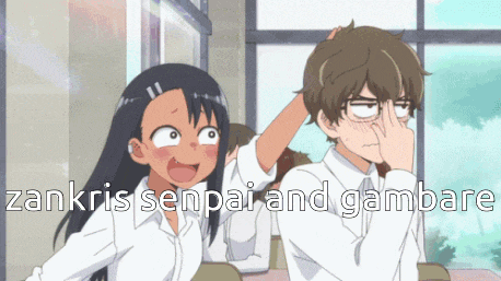 a cartoon of a girl and a boy with the words " zankris senpai and gambare " written on the bottom