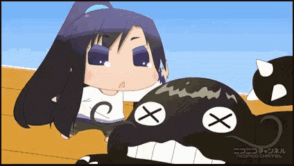 a cartoon of a girl standing next to a black monster with x 's on its face