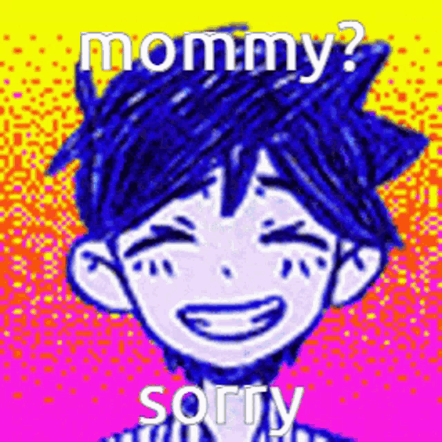 a cartoon of a boy with blue hair is smiling and asking mommy .