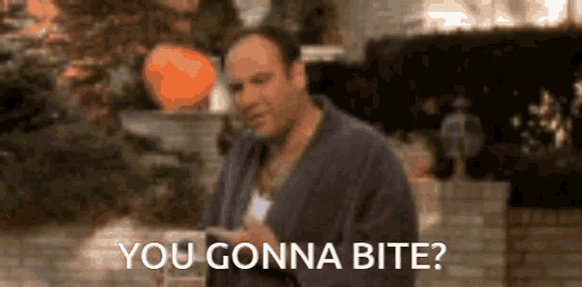 a man in a robe is standing in front of a pumpkin and says " you gonna bite "