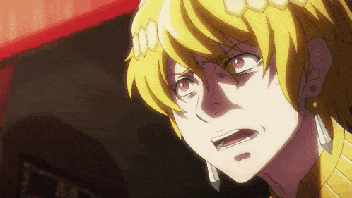a close up of a yellow haired anime character with a surprised look on his face