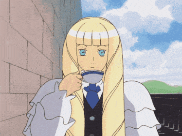 a girl with long blonde hair and blue eyes drinking from a cup