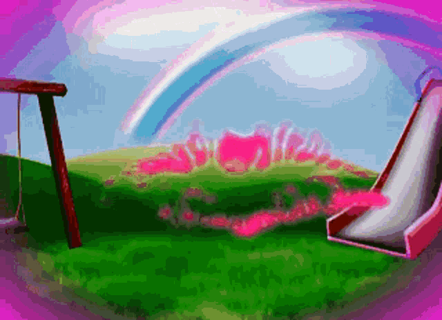 a painting of a playground with a rainbow and a slide