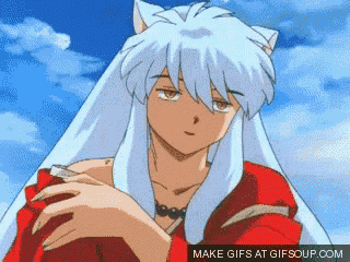 a gif of inuyasha with a blue sky in the background and the words make gifs at gifsoup.com at the bottom