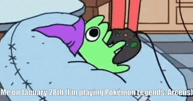 a cartoon character is laying in bed playing pokemon legends arceus .