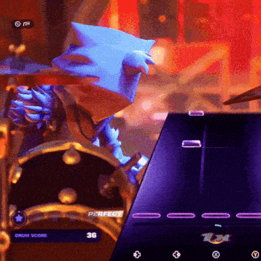 a screenshot of a video game showing a drummer and a perfect drum score of 36