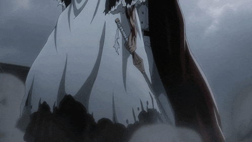 a person holding a sword in their hand with a white cape