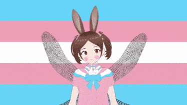 a girl with bunny ears stands in front of a transgender flag