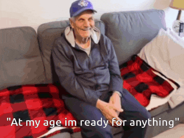 an elderly man is sitting on a couch with the words " at my age im ready for anything "