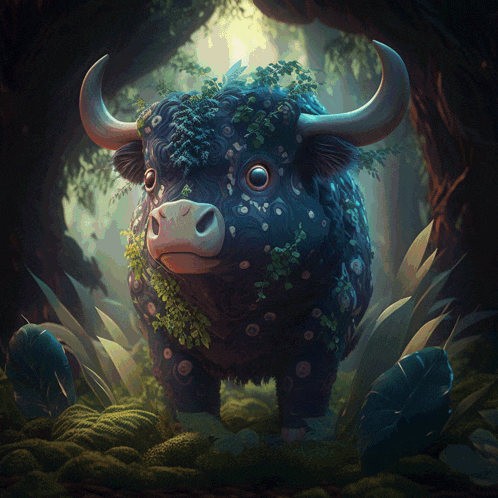 a bull with horns is surrounded by plants and trees