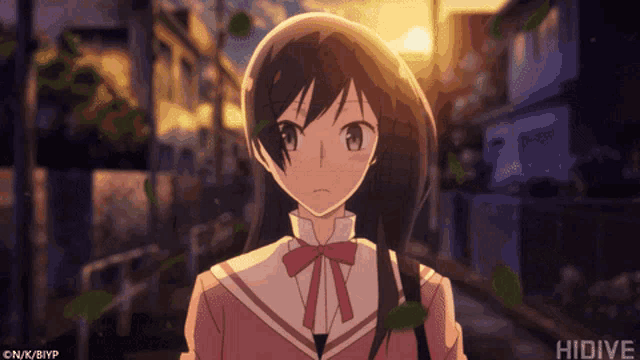 a girl in a school uniform is walking down a street with the word hidive in the lower right corner