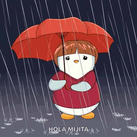 a penguin holding a red umbrella in the rain with hola mijita written on the bottom