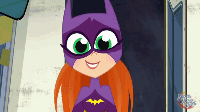 a cartoon of a girl in a batman costume with the words super hero girls behind her