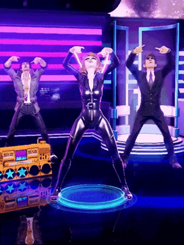 a woman in a black bodysuit is dancing with two men
