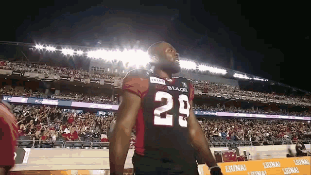 a man in a black and red jersey with the number 29 on it