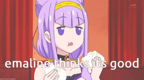 a cartoon of a girl with purple hair and the words " emaline thinks its good "