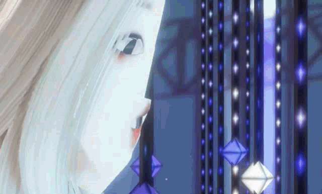 a close up of a woman 's face in a video game with a purple background .