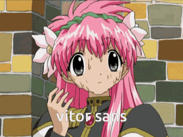 a cartoon of a girl with pink hair and vitor sans written on the bottom