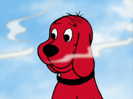 a cartoon of a red dog with a black collar and a blue sky in the background