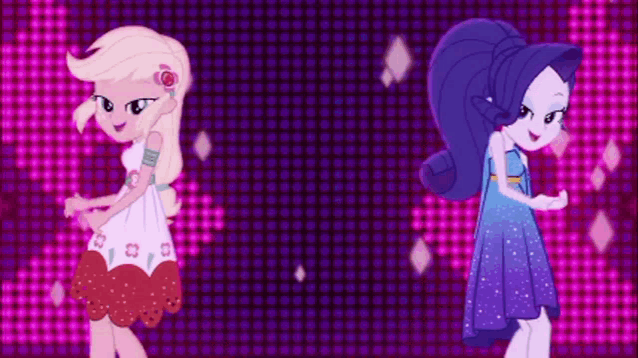 applejack and rarity from my little pony equestria girls are dancing on a stage .