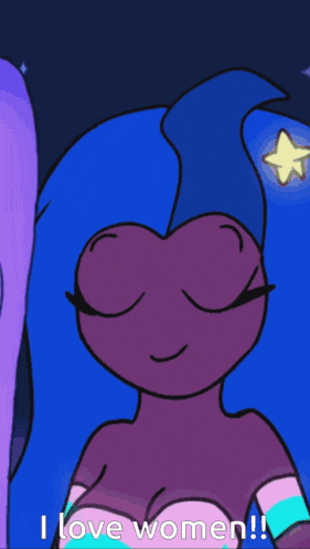 a cartoon of a woman with blue hair and the words " i love women " on the bottom