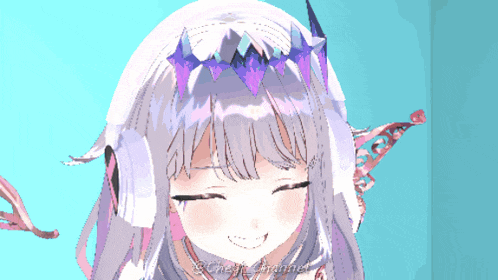 a girl with white hair and a purple crown on her head is smiling and says credit channel
