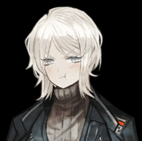 a girl with white hair is wearing a turtleneck and a black jacket