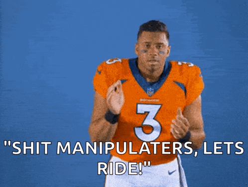 a man in an orange jersey with the number 3 on it says " shit manipulators lets ride "