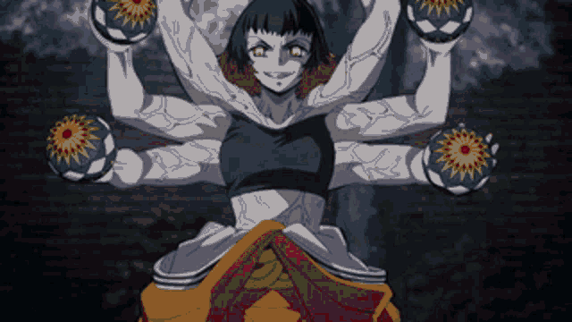 a cartoon character with many arms is holding a soccer ball