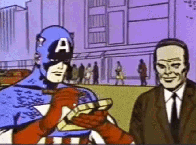 a cartoon of captain america standing next to a man