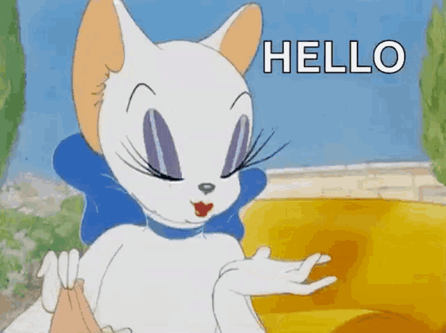 a cartoon cat is blowing a kiss with the word hello in the background