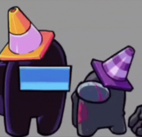 two among us characters are wearing traffic cones on their hats .