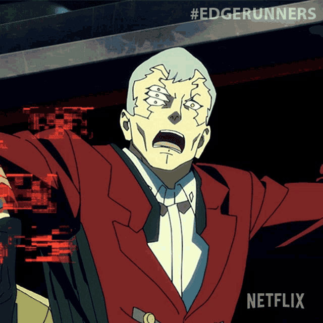 a cartoon of a man in a red suit with netflix on the bottom