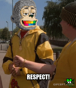 a man wearing a monkey mask and a yellow jacket has the words respect on his arm