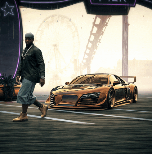 a man standing next to a car that says r8 on the side