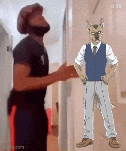 a man in a black shirt is standing next to a furry man in a suit