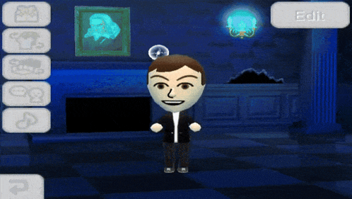 a cartoon character is standing in a dark room with a clock on the wall